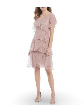 SLNY Tiered Metallic Shift Dress Womens 10 Faded Rose Flutter Sleeve Formal